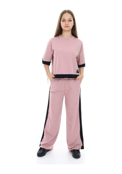 Kız Çocuk %100 Pamuk Oversize Yarım Kol Alt-üst Eşofman Takım-eşt-0013 Pudra