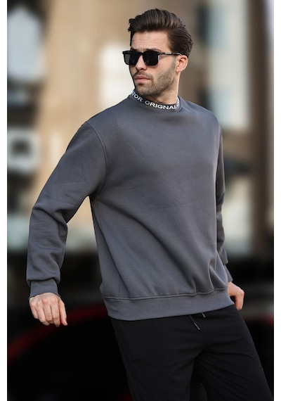 Madmext Füme Bisiklet Yaka Şardonlu Erkek Sweatshirt 7047-füme Füme