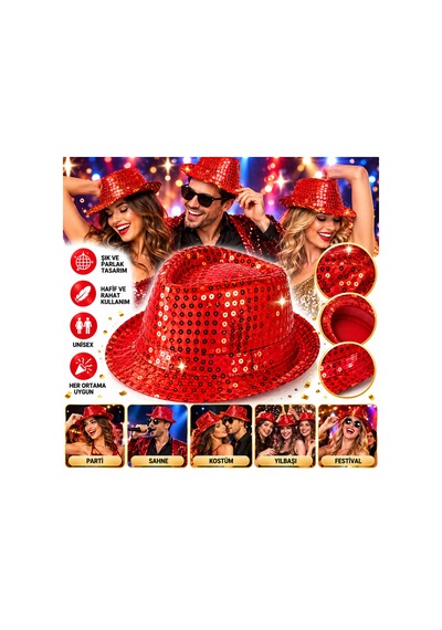 Nessiworld Disko Star Kırmızı Payetli Fötr Şapka Yetişkin Boy