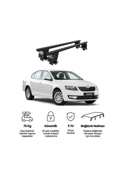 Royal Skoda Octavia Iıı 2013 Ve Sonrası Uyumlu Siyah Kilitli Ara Atkı Port Bagaj Tavan Barı