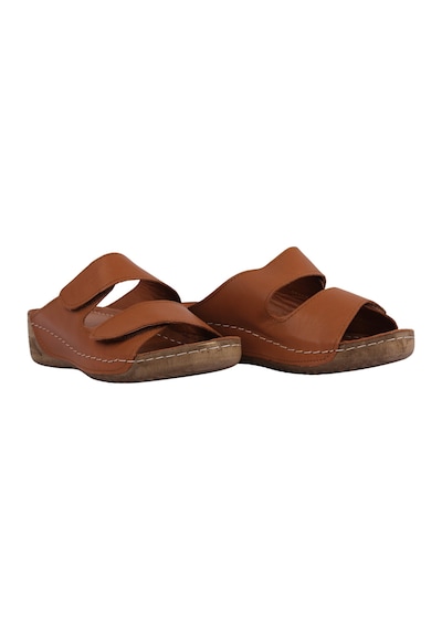 Napa Shoes Ayarlanabilir Çift Bantlı Hakiki Deri Ortopedik Rahat Taban Kadın Terlik Napa-232 Taba
