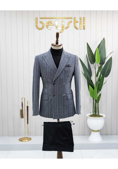 Bys Beystil Sivri Yaka Lacivert Çizgili Kruvaze Ceket 52731 - Slim Fit