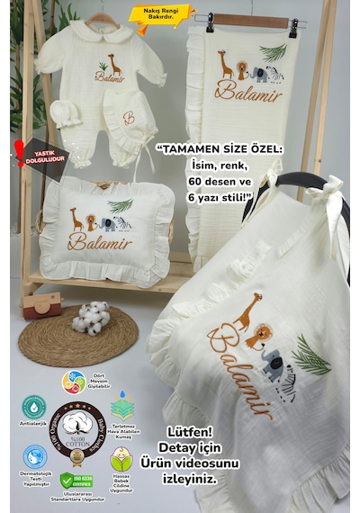 Gros Shop Müslin Yeni Doğan 4katlı Organik %100pamuk Kişiye Özgü Nakışlı Hastane Çıkış Seti-safari Model Ekru