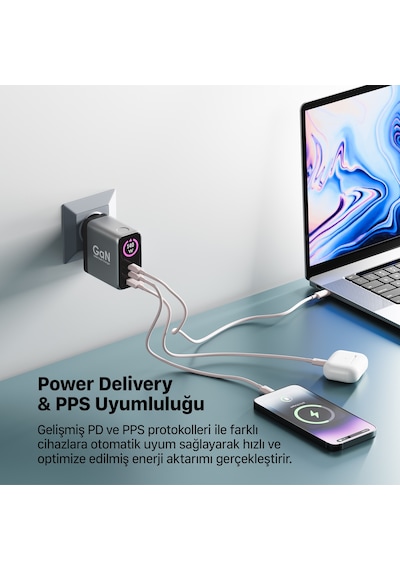 Xenon Smart Hızlı Şarj Adaptörü 140w Gan, 2x Usb-c & Usb-a Çıkışı, Pd Pps, Dijital Ekran X6415