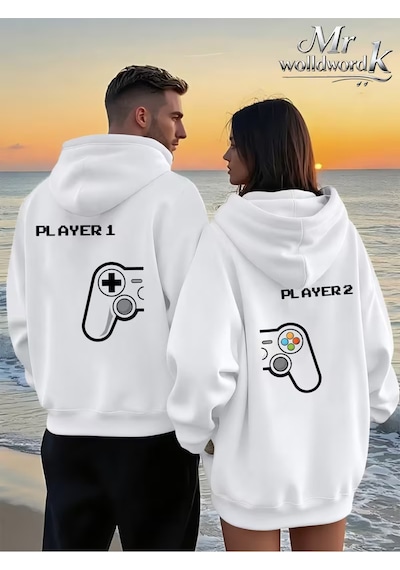 Nevermind Player 1 Player 2 Sevgili Kombini Hoodie Unisex Oversize Kapüşo Beyaz