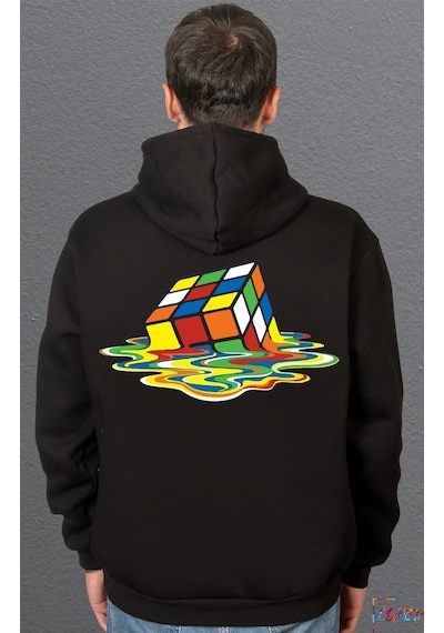 Bumeta Rubik Zeka Küpü Erimiş Kombinasyon Sweetshirt Unisex Kapüşonlu Hoodie Siyah