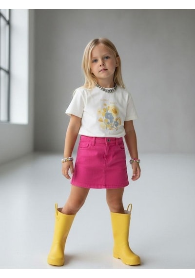 Zekids Kız Çocuk Floral Touch Baskılı Pamuklu T-shirt-16885 Ekru