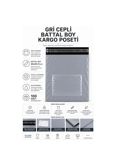 Gri Cepli Battal Boy Kargo Poşeti 45x55+5 Cm 100 Adet