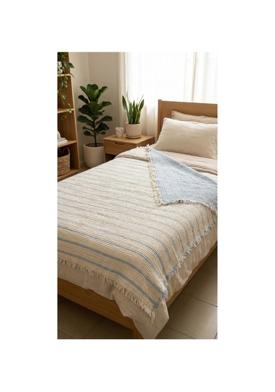 %100 Pamuk Çizgili Desen 8 Kat Müslin Örtü Yorgan 180 220 Tek Kişilik Yatak Örtüsü Battaniye Mavi - 890509976 Mavi