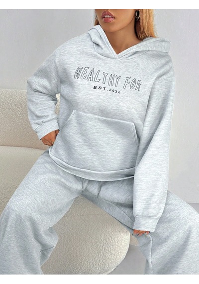 Macklin Unisex Kadın Erkek Healty For Baskılı Oversize 3 İplik Kapüşonlu Sweatshirt Ve Baggy Eşofman Altı Gri Melanj