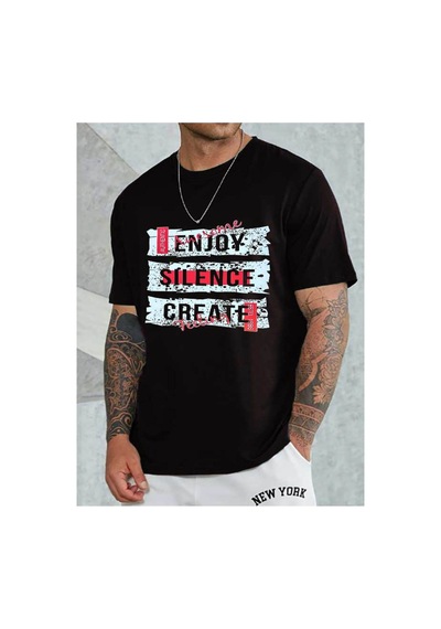 Medinenur Enjoy Baskılı Unisex Bisiklet Yaka Tshirt Siyah