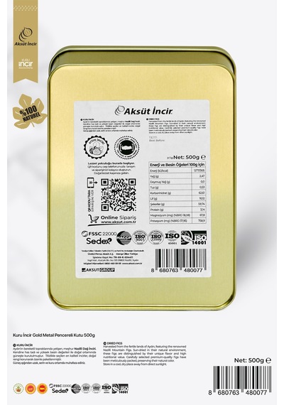 500g Kuru Incir Gold Metal Pencereli Kutu 500 G