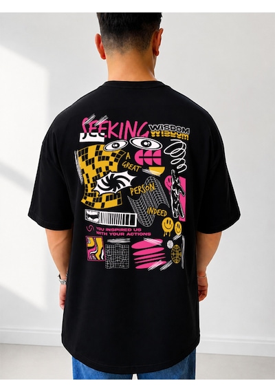 525 Oversize Sırt Baskılı Streetwear Unisex T-shirt Seeking Siyah