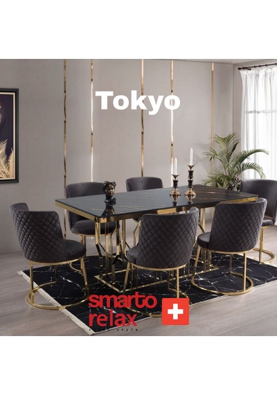 Smarto Relax Tokyo 2'li Yemek Masası Sandalye Seti - Metal Ayaklı, Siyah Kumaş Bej & Kahverengi