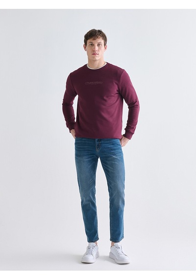 Lcwaıkıkı Classic Bordo Bisiklet Yaka Baskılı Erkek Kalın Sweatshirt