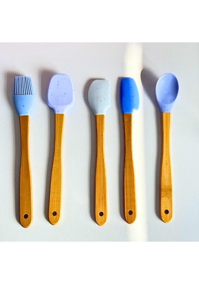 Ayrex Meturas Mutfak Bambu Silikon Isıya Dayanıklı Kaşık Kepçe Takımı 5 Li Set Spatula & Fırça Mavi