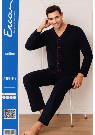 Sude Ercan Erkek Önden Düğmeli Uzun Kol İnce Pijama Takımı A301-843 - 1 Adet Lacivert