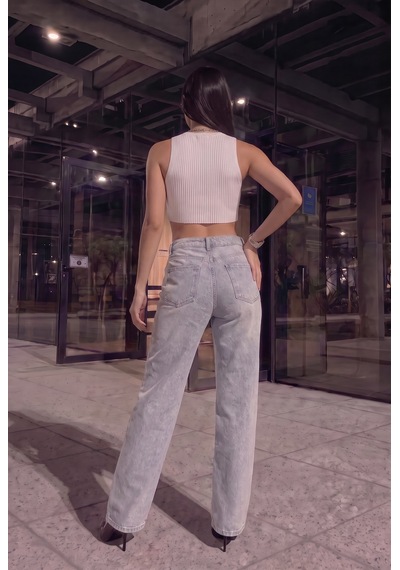Kadın Buz Mavi Önü Full Taşlı Likralı Yüksek Bel Wide Leg Geniş Paça Jean Kot Pantolon