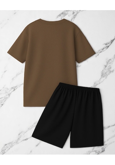 Uyguntarz Unisex Pırlantalı Kadın Portresi Tasarım Basklı Tshirt Şort Takımı Kahverengi