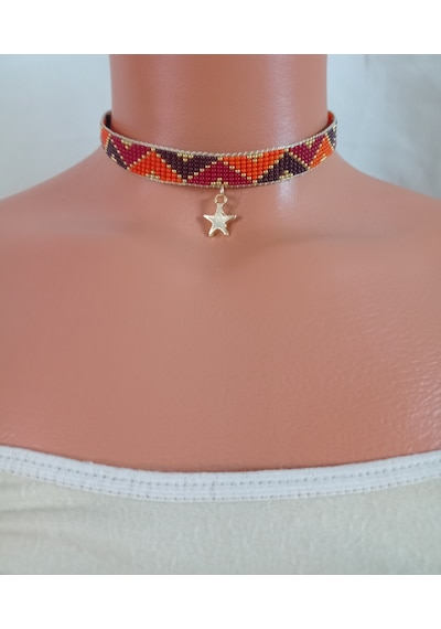 Kum Boncuk Yıdızlı Dokuma Choker Altın