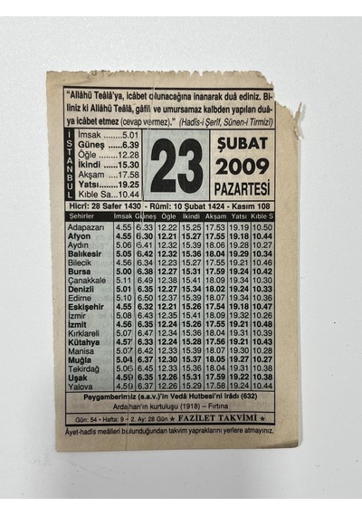 23 Şubat 2009 Takvim Yaprağı - Nostaljik Koleksiyonluk Takvim Yaprağı