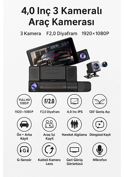3 Yönlü Araç Kamerası 1080P Full HD Gece Görüş Geri Görüş | Wifi | G-Sensör |