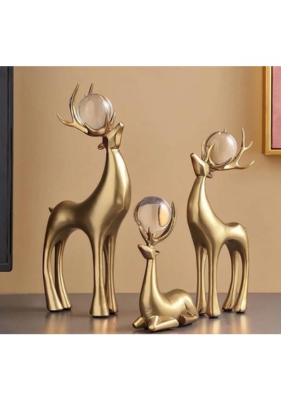 3 Lü Kristal Küreli Geyik Aksesuar &gold Boynuzlu Kristal Toplu Dekor Obje Gold
