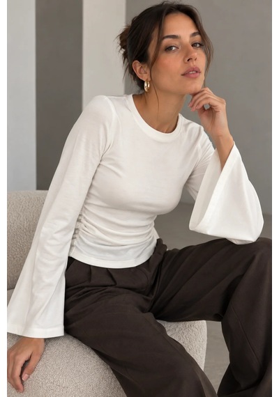 Bb Butik Basic Yan Büzgülü İspanyol Kol Basic Kadın Bluz My3535 Beyaz