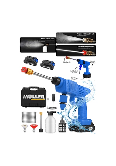 Pro Müller 24 V Kömürsüz Motor Hava Soğutmalı Yüksek Basınçlı Çift Akülü Oto Araba Yıkama Makinesi