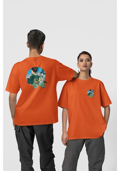 Geyşa Koi Ön-arka Baskılı %100 Pamuk Beyaz Kadın/erkek Unisex Rahat Kalıp Oversize T-shirt Turuncu