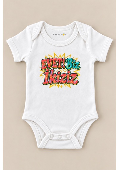 Babylimon Evet Biz İkiziz Beyaz Kısa Kollu Çıtçıtlı Bebek Zıbını Beyaz - 930083878 Beyaz