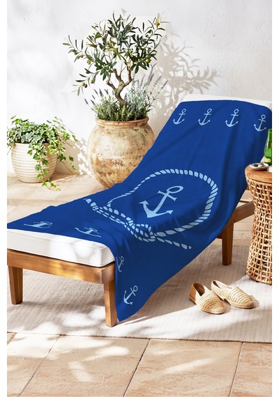 Çapa Marine Lacivert Plaj Havlusu - Halat Motifli Modern Mavi Hızlı Kuruyan Mikrofiber Havlu Yumuşak İncir