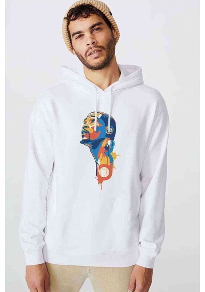 Sporcu Basketci Baskılı Beyaz Erkek Örme Kapşonlu Sweatshirt