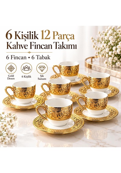 Valkyrie Harem Serisi 6 Kişilik 12 Parça Kahve Fincan Takımı Gold Detaylı Şık Fincan Seti Beyaz Altın
