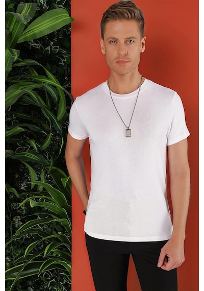 Efor Slim Fit Bisiklet Yaka Düz Pamuklu Beyaz Tişört Ts 823 Beyaz