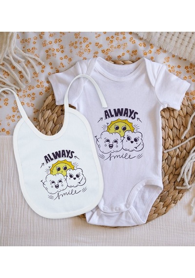 Bitmeyenkartus Bk Kids Always Smile Tasarımlı Bebek Body Zıbın Ve Mama Önlüğü He Çok Renkli