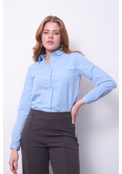 Pera Moda Kadın Basic Gizli Düğme Özellikli Gömlek Mavi