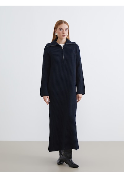 Lcw Modest Lacivert Polo Yaka Triko Elbise