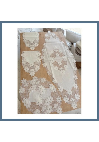 Buradabulabilirsin Salon Takımı Çeyizlik Krem Runner Set 5 Parça Keten Masa Örtüsü Runneri Lüx Evita Bbz