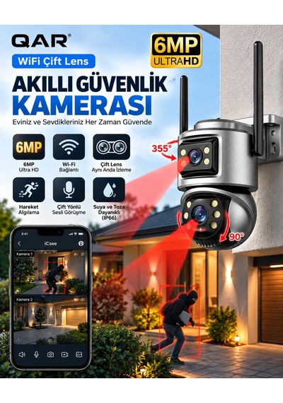 Wifi Akıllı Güvenlik Kamerası Çift Lensli Döner Başlıklı Uzaktan Canlı İzleme Telefon Kontrollü Ip Kamera Gece Görüşlü İç/dış Mekan
