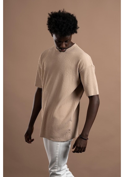 Oversize Bol Kesim Kalın Fitilli Bisiklet Yaka Kısa Kol T-shirt 001