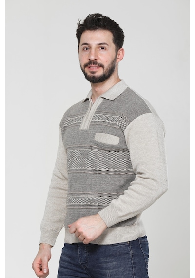 Kzc Tekstil Erkek Baba Orta Yaş Ve Üzeri Triko Örgü Akrilik Kışlık Regular Fit Cepli Fermuarlı Polo Yaka Kazak Bej