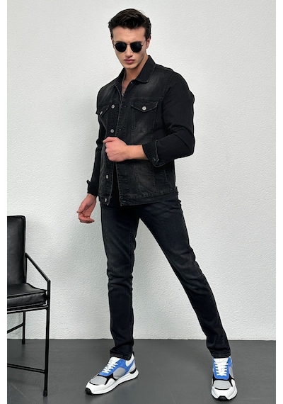 HLT Jeans Erkek Antrasit Jean Denim Standart Kalıp %100 Pamuk Cepli Düğmeli Kot Ceket 001