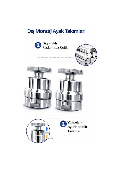 Paslanmaz Çelik Ayarlanabilir Musluk Ucu 2 Li Set İç Montaj İç Giriş Perlatör Başlığı, Su T