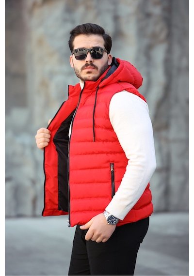 Mero Life Erkek Kırmızı Standart Fit Çıkarılır Kapüşonlu Cepli Fermuarlı Şişme Yelek