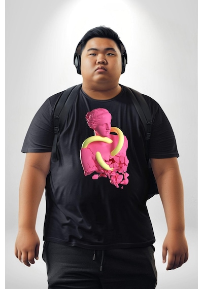 Angemiel Pop Art Yaratıcı Heykel Pembe Siyah Büyük Beden Erkek Kadın Unisex Basic Ön Baskılı Tişört Siyah