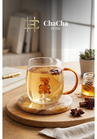 Chacha Home Figürlü Borosilikat Cam Kupa 350 Ml - Renkli Kulplu Bardak - El Yapımı Cam Figürlü Sunum Kupası Ayıcık Figür