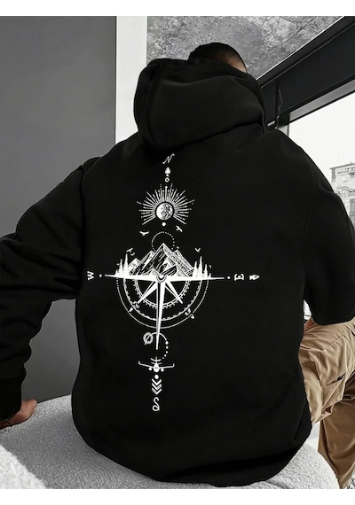 Uyguntarz Unisex Yon Gosteren Pusula Baskılı Oversize Sweatshirt siyah