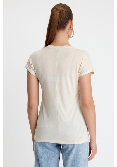 Kadın Bambu Kumaş V Yaka T-shirt Bej