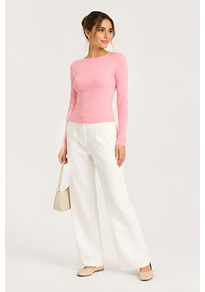 Lili Woman Kadın Thumbhole Fit Uzun Kollu Crop Bluz E.7006 Pembe